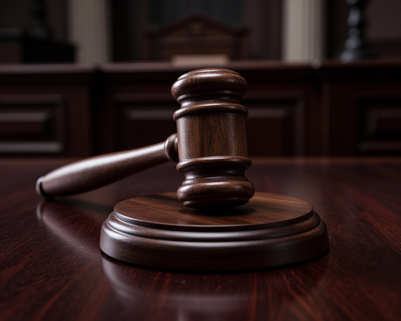 Judicial Gavel in Dark Courtroom